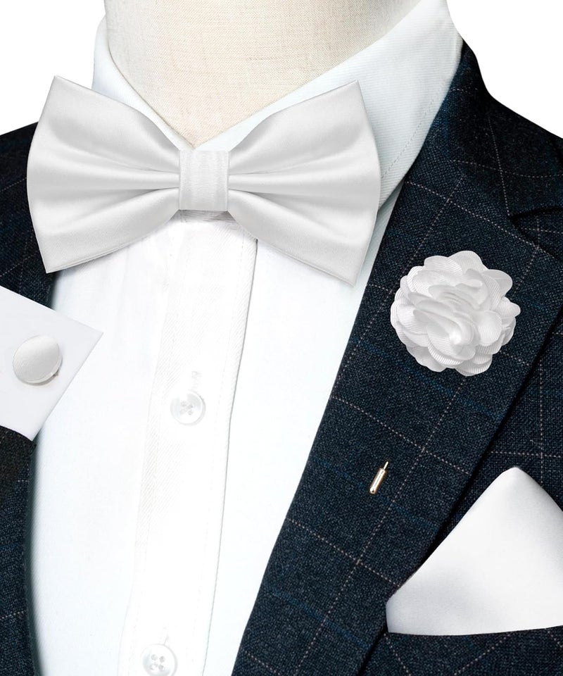 RBOCOTT Solid Color Bow Tie and Pocket Square with Lapel Pin Cufflinks Set 4PCS - Image 2